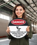 Warning Floor Decal For Machinery Areas Danger Exposed Conveyors And Moving Parts Can Cause Severe Injury held by woman