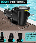 Heavy Duty 1.5 HP Pool Pump 115V 230V Dual Voltage 600GPH Self Priming Model with universal fittings and dimensions.