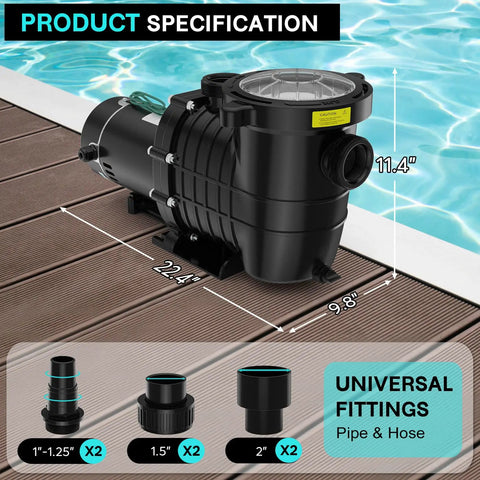 Heavy Duty 1.5 HP Pool Pump 115V 230V Dual Voltage 600GPH Self Priming Model with universal fittings and dimensions.