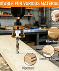 Four Piece Countersink Drill Bit Set With Adjustable Depth Stop And L Shape Wrench For Woodworking in use on plywood.