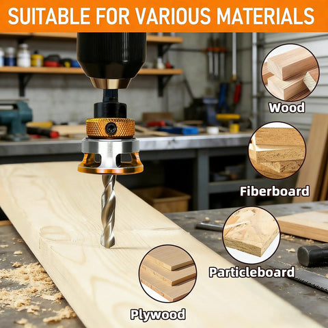 Four Piece Countersink Drill Bit Set With Adjustable Depth Stop And L Shape Wrench For Woodworking in use on plywood.