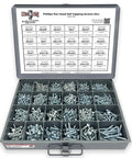 Pan Head Self Tapping Sheet Metal Screws Zinc Plated Assortment Kit With 1421 Pieces In Sizes #6 To #14, Durable 24 Hole Steel Tray, Made In USA, Ultimate Quick Grab Hardware Bundle open view showing organized compartments with screws.
