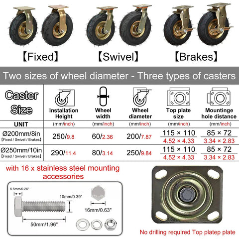 Set Of Four Rock Solid Pneumatic Caster Wheels With Smooth Rolling Rubber Tires For Cart And Furniture Moving Industrial Grade Hauling Gear With No Nonsense Real Deal Build showing fixed, swivel, and brake types.