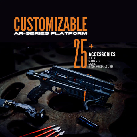 AR-6 Stinger II Compact 6-Shot Repeating Crossbow Black For Stealth Hunting And Tactical Use on a table with accessories.