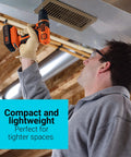 Person using 20V Cordless Drill Driver Kit With 11-Position Clutch And 44-Piece Home Project Set for ceiling work