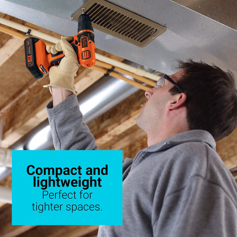 Person using 20V Cordless Drill Driver Kit With 11-Position Clutch And 44-Piece Home Project Set for ceiling work