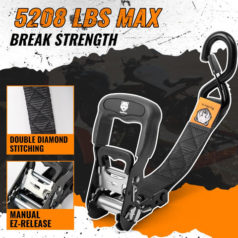 Beefy Heavy Duty Ratchet Straps 4 Pack 1.5 Inch By 8 Foot Tie Downs With Safety S Hooks and Soft Loops close-up of strap stitching and hook