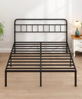 Built Tough Full Size Metal Bed Frame With Sleek Headboard And Scratch Proof Finish Black platform with slats in a modern room.