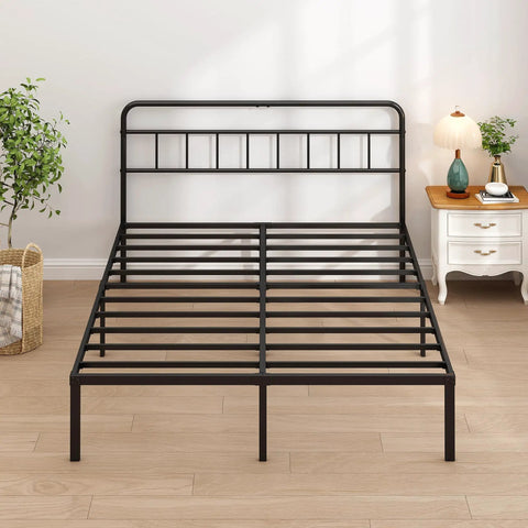 Built Tough Full Size Metal Bed Frame With Sleek Headboard And Scratch Proof Finish Black platform with slats in a modern room.