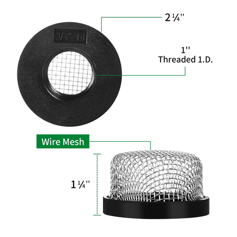 Pro Grade Premium Stainless Steel Mesh Strainer Aerator Screen with 3/4 in-14 size, black base, side and top view.