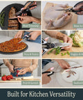 Heavy Duty Kitchen Shears With Built In Sharpener Multipurpose Stainless Steel Scissors For Food Prep Meat Seafood Poultry Veggies And More Durable Cutters With Lifetime Replacement Warranty, six-use collage