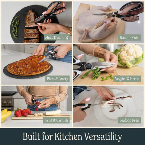Heavy Duty Kitchen Shears With Built In Sharpener Multipurpose Stainless Steel Scissors For Food Prep Meat Seafood Poultry Veggies And More Durable Cutters With Lifetime Replacement Warranty, six-use collage