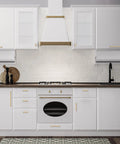 White kitchen with Champagne Bronze Cabinet Handles 5 Inch Center to Center Stainless Steel Square Kitchen Drawer Pulls on cupboards and drawers.