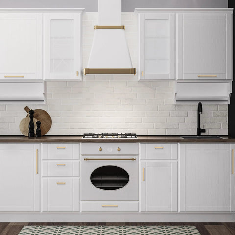 White kitchen with Champagne Bronze Cabinet Handles 5 Inch Center to Center Stainless Steel Square Kitchen Drawer Pulls on cupboards and drawers.
