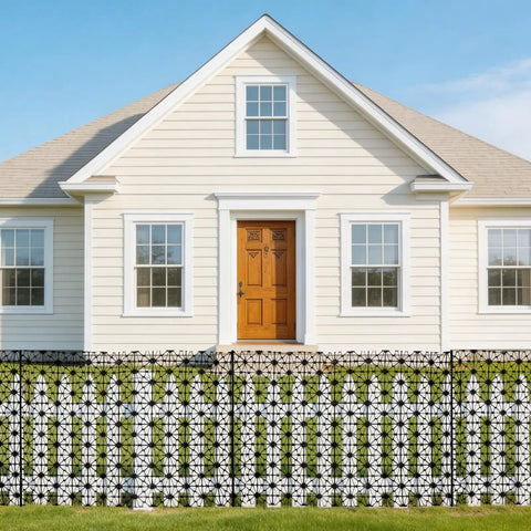 Front view of house with 24 Inch High Outdoor Garden Fence Border Edging Roll Made From HDPE With UV Anti Aging Finish Keeps Rabbits And Small Pests Out No Dig Fencing For Easy Install Weatherproof Backyard Yard Patio Decor installed.