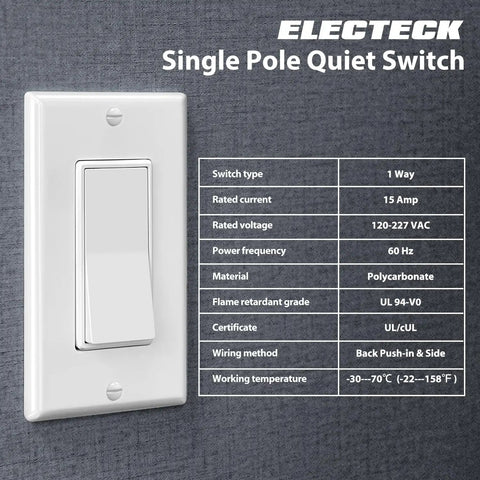 12 Pack Single Pole Rocker Light Switches 15A 120 277V With Wall Plate Included UL Listed for Homes and Offices Easy Install Back Insert and Side Terminal Wiring Ready Durable Construction, showing specifications.