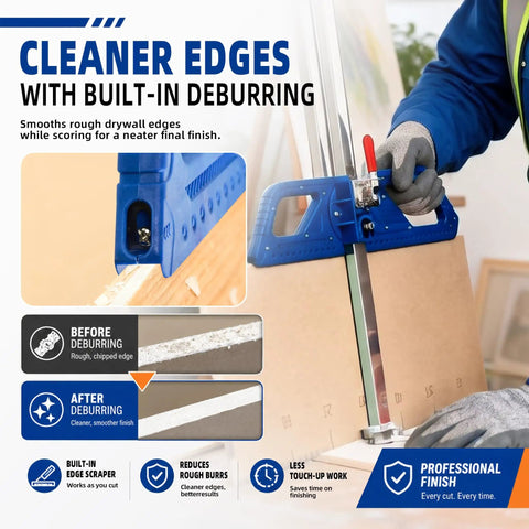 Pro Drywall Cutter With Tungsten Carbide Wheel, Foldable Design And 25 Bearing Glide System For Smooth, Sharp Cuts, No Blade Replacement Needed, Heavy Duty, Lightweight Build For Quick, Safe Wall Prep And Injury Free Rips; blue drywall cutter in use