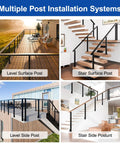 Multiple Post Installation Systems showcasing Pro Grade Matte Black Cable Railing Handrail for Decks and Stairs.