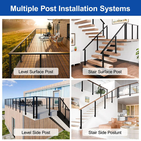 Multiple Post Installation Systems showcasing Pro Grade Matte Black Cable Railing Handrail for Decks and Stairs.