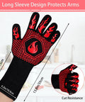 Heat Resistant Grill Gloves With Non Slip Silicone Grip For Oven And Barbecue, red 13.8 inch with flame pattern, extended sleeve.