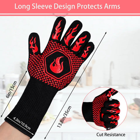 Heat Resistant Grill Gloves With Non Slip Silicone Grip For Oven And Barbecue, red 13.8 inch with flame pattern, extended sleeve.