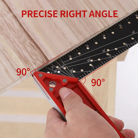 Top Shelf 12 Inch Aluminum Framing Carpenter Square With Retractable Ledge And Scribe Pin No Fuss Lightweight Rust Proof Woodworking Try Square Layout Tool For Pro Roofing measuring a precise right angle on wood.