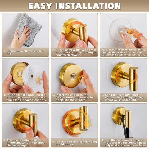 Step-by-step easy installation guide for Suction Cup Hooks For Shower And Kitchen, showing no drill mounting on smooth surfaces.
