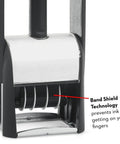 Close-up of Heavy Hitter Self Inking Date Stamp With Four Line Custom Text showcasing Band Shield Technology and roller system.