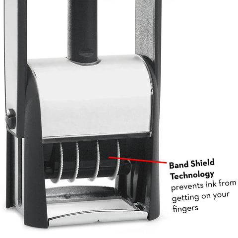 Close-up of Heavy Hitter Self Inking Date Stamp With Four Line Custom Text showcasing Band Shield Technology and roller system.