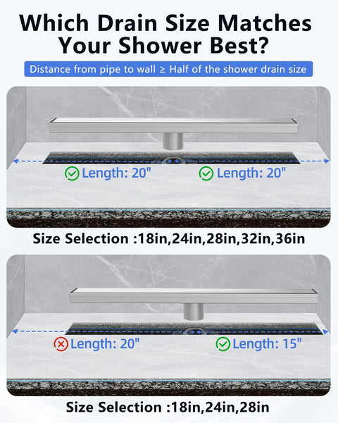 Diagram showing various shower drain size options with measurements and suitability, featuring a 24 Inch Brushed Nickel Linear Shower Drain Built Tough From 304 Stainless Steel That Will Not Rust Up In Wet Bathrooms Features Tile Insert Grate Adjustable Feet And Hair Strainer For Super Fast Water Flow With Zero Clogs.