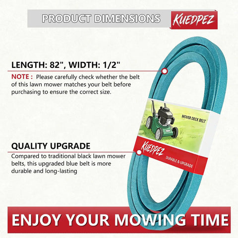 Beefed Up Half Inch Wide 82 Inch Drive Belt With Aramid Cord for lawn tractors, shown coiled with product packaging and specs