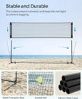 10 Ft Badminton Net With Height Adjustable Poles And Clear Height Marks For Badminton Tennis Beach Volleyball And Pickleball Foldable Nylon Net Portable Indoor Outdoor Court Setup With Carry Bag Black on beach with stable triangular base, durable net and 0.8 mm thick tubes.