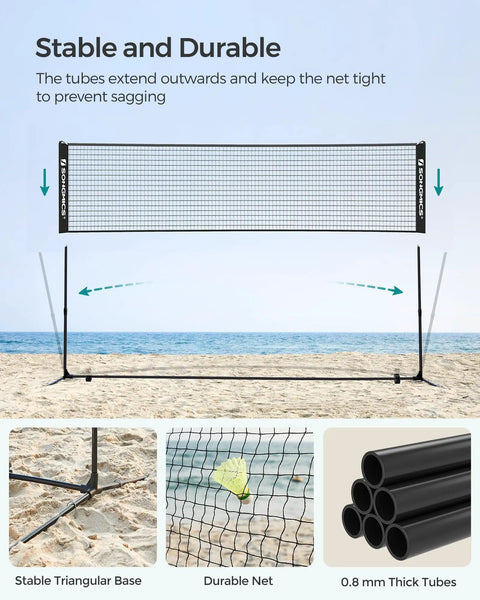 10 Ft Badminton Net With Height Adjustable Poles And Clear Height Marks For Badminton Tennis Beach Volleyball And Pickleball Foldable Nylon Net Portable Indoor Outdoor Court Setup With Carry Bag Black on beach with stable triangular base, durable net and 0.8 mm thick tubes.
