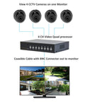 Diagram showing 4 Channel CCTV Video Color Quad Multiplexer with Loopout Remote Control and Free 1 Amp Power Adapter setup