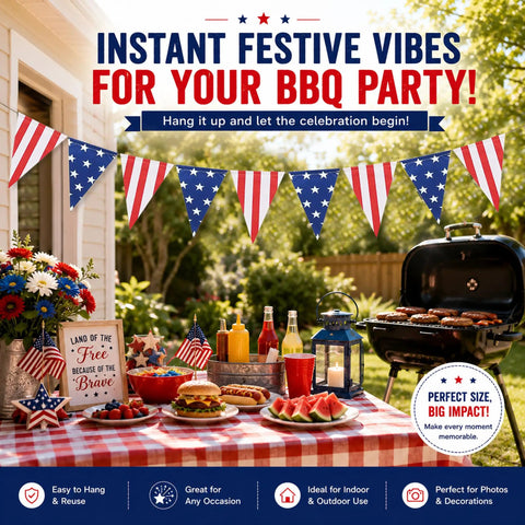 All American Stars And Stripes Flag Bunting Garland Triangle Banner For Fourth Of July Memorial Day And Patriotic Parties 5x7 Inch Flags On An 8.2 Ft Rope Durable Natural Fabric Pre Strung And Reusable Decor draped over a festive BBQ setup with food and flowers.