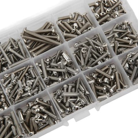 Close-up of RC Car Screw Kit 451Pcs Stainless Steel Fastener Set for One Fifth Scale 6S 8S RC Cars in clear box compartments.