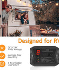 Rugged Digital RV Propane Gas Detector Alarm, Hardwired 12V DC, shown with camper, features wide voltage and mounting options.