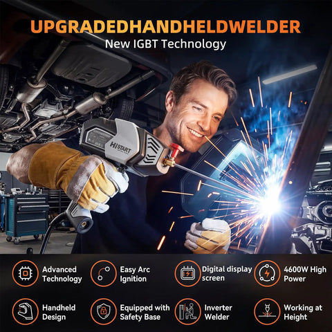 Man using Portable 110V Arc Welder With IGBT Inverter Five Adjustable Current Settings For 3/32 To 1/8 Inch Rods indoors
