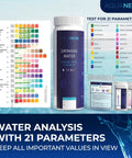 18 Parameters Drinking Water Test Strips Kit With 125 Strips Across 5 Packs Of 25 And 2 Coliform Bacteria Tests pH Strips Hardness Strips DIY Home Water Quality Tester For Safe Drinking Water box and color chart.