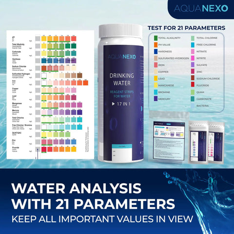 18 Parameters Drinking Water Test Strips Kit With 125 Strips Across 5 Packs Of 25 And 2 Coliform Bacteria Tests pH Strips Hardness Strips DIY Home Water Quality Tester For Safe Drinking Water box and color chart.