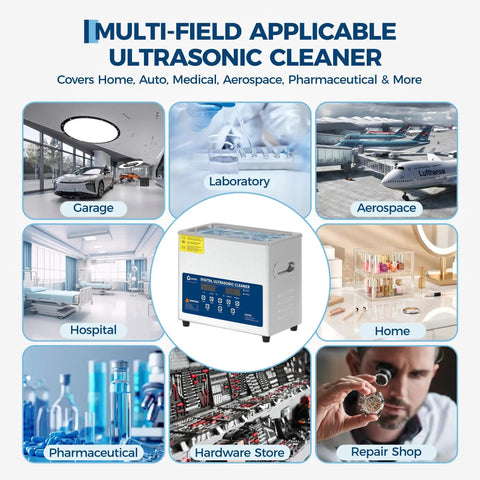 Beefy 40kHz Ultrasonic Cleaner shown for various uses in home, lab, aerospace, hospital, and more settings.