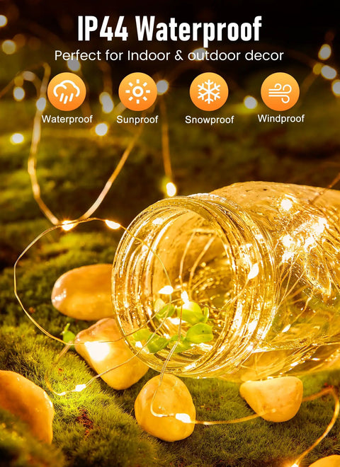 Fairy String Lights 33 Ft Long Battery Operated 100 LED Copper Wire Twinkle Lights in Mason Jar, Waterproof Display