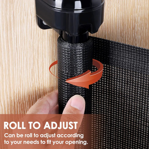 Close-up of a black roll-up mechanism on Adjustable Mesh Baby Gate 0 To 60 Inches Wide With Safety Lock Roll Up To Save Space Portable Folding Mesh Dog Gate For Stairs Indoor Outdoor Use Black.