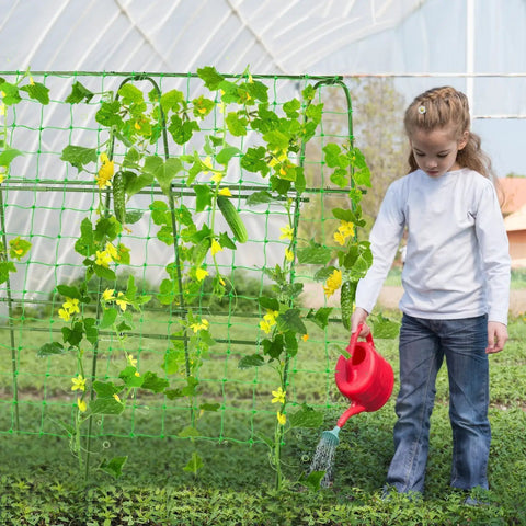 Girl watering plants on a Cucumber Trellis for Raised Garden Bed, Rustproof Metal Garden Arch Trellis for Climbing Plants Support, Adjustable Width 16 to 26 Inches, 48x48 Inch Outdoor Green