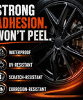 Gloss black wheel showcasing strong adhesion, waterproof, UV-resistant, scratch-resistant, and corrosion-resistant features.