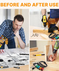 Man using Eighteen Piece One Quarter Inch Hex Shank Drill Bit Holder Keychain Extension Bar Quick Release for Impact Drivers.