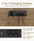 3-in-1 Charging Station with 2 AC outlets and USB ports mounted on a wooden surface for convenient device charging.