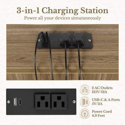 3-in-1 Charging Station with 2 AC outlets and USB ports mounted on a wooden surface for convenient device charging.