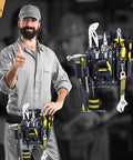 Man smiling and pointing at oiled tanned heavy duty tool belt pouch four pocket design with pro grade leather and riveted reinforcements