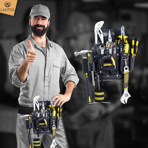 Man smiling and pointing at oiled tanned heavy duty tool belt pouch four pocket design with pro grade leather and riveted reinforcements